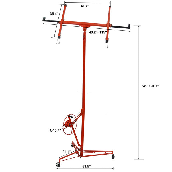 English Elm Drywall Panel Hoist Lift with 16ft Telescoping Steel Mast Tilting Cradle Winch Red W465137159