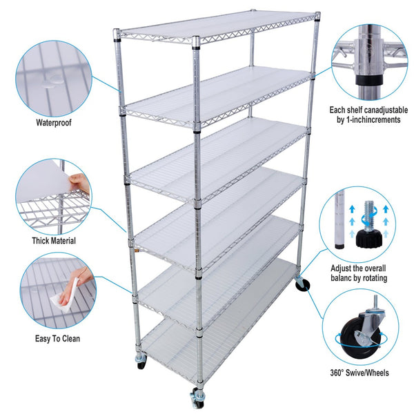 English Elm 6 Tier Nsf Chrome Wire Shelving Unit Heavy Duty Steel Storage Rack with Casters W465142130
