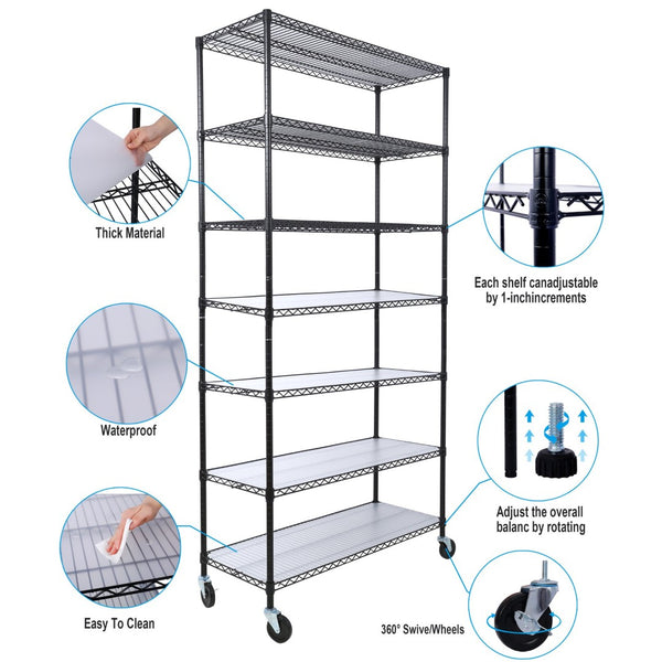 English Elm 7 Tier Heavy Duty Wire Shelving Unit with Locking Wheels Adjustable Steel Rack W465142132