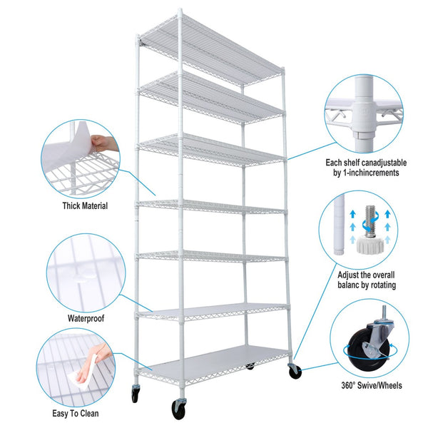 English Elm 7 Tier Heavy Duty Steel Wire Shelving Unit with Wheels Liners Adjustable Storage Rack W465142134