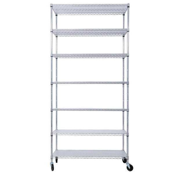 English Elm 7 Tier Chrome Wire Shelving Rack Heavy Duty Adjustable Storage with Wheels and Liners W465142135