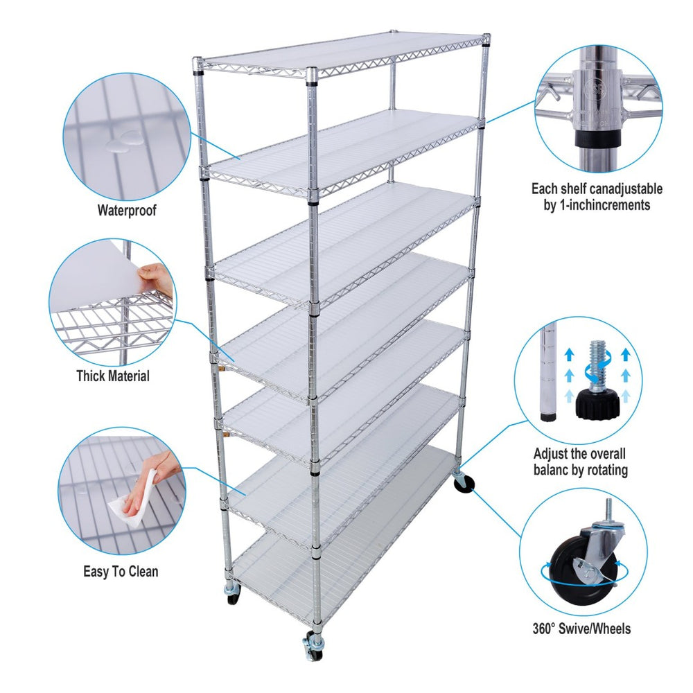 English Elm 7 Tier Chrome Wire Shelving Rack Heavy Duty Adjustable Storage with Wheels and Liners W465142135