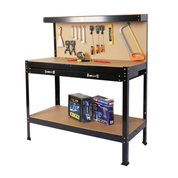 English Elm Steel Framed Garage Workbench with Pegboard Mdf Surface Drawer and Lower Shelf W46517479