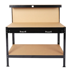 English Elm Steel Framed Garage Workbench with Pegboard Mdf Surface Drawer and Lower Shelf W46517479