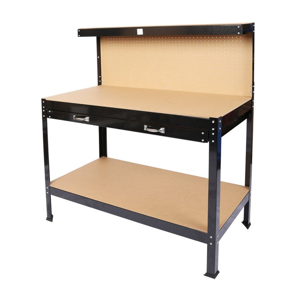 English Elm Steel Framed Garage Workbench with Pegboard Mdf Surface Drawer and Lower Shelf W46517479