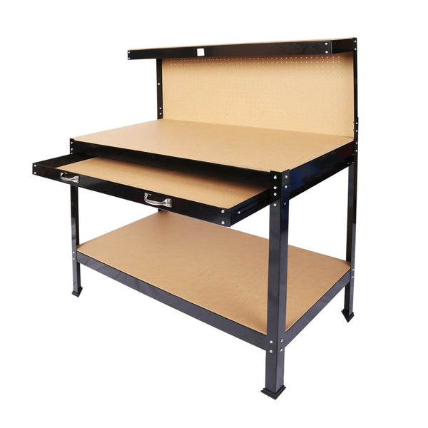 English Elm Steel Framed Garage Workbench with Pegboard Mdf Surface Drawer and Lower Shelf W46517479