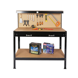English Elm Wood Work Bench with Pegboard Drawer and Shelf Powder Coated Steel Garage Workshop W46528009