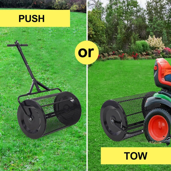 English Elm Peat Moss and Compost Lawn Roller Spreader with Steel Mesh Drum for Garden Care W46555824