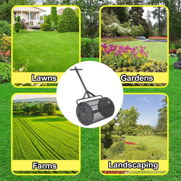English Elm Peat Moss and Compost Lawn Roller Spreader with Steel Mesh Drum for Garden Care W46555824