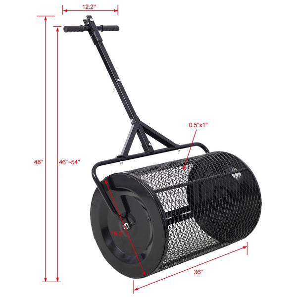 English Elm Peat Moss and Compost Lawn Roller Spreader with Steel Mesh Drum for Garden Care W46555824