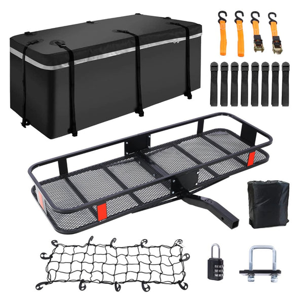 English Elm Hitch Mount Steel Cargo Basket 500 Lb Capacity with Waterproof Bag and Folding Arm W46559175