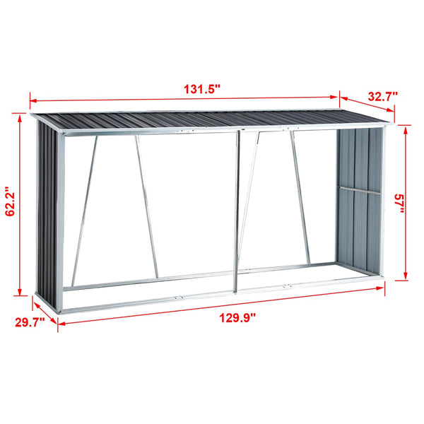 English Elm Firewood Rack with Sloped Roof Galvanized Steel Outdoor Log Storage Stand for Patio W46560069