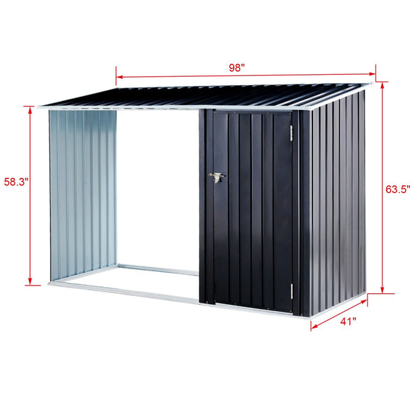 English Elm Firewood Storage Shed Galvanized Steel Outdoor Log Shelter with Sloping Roof Patio W46560071