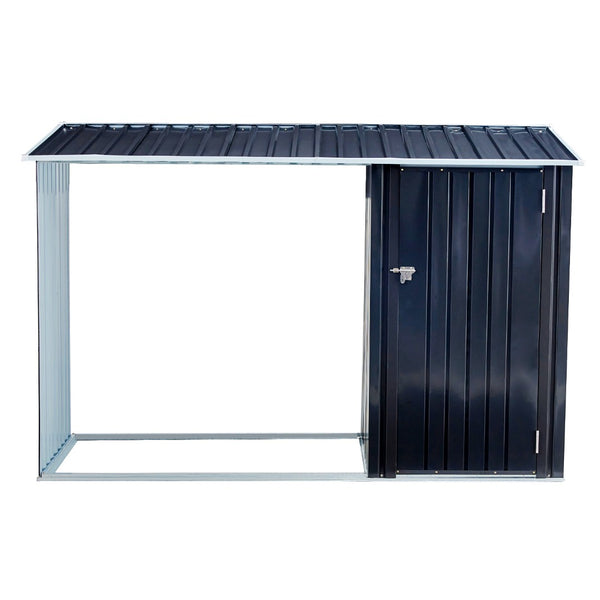 English Elm Firewood Storage Shed Galvanized Steel Outdoor Log Shelter with Sloping Roof Patio W46560071