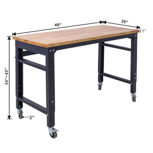 English Elm Workbench 48 Inch Rolling Garage Shop Table with Rubberwood Top and Steel Frame W46560404
