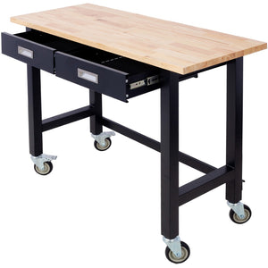 English Elm 48in Rolling Workbench Solid Wood Top Steel Frame Two Drawers Garage Workshop W46560406