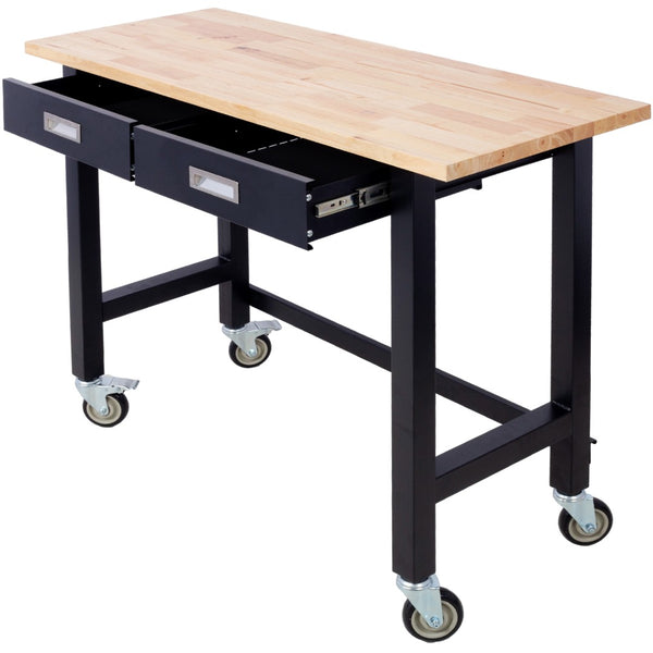 English Elm 48in Rolling Workbench Solid Wood Top Steel Frame Two Drawers Garage Workshop W46560406