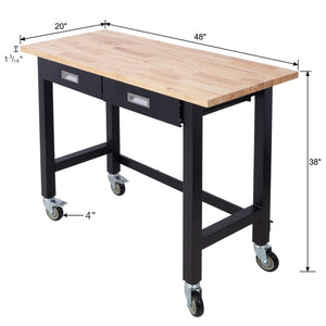 English Elm 48in Rolling Workbench Solid Wood Top Steel Frame Two Drawers Garage Workshop W46560406
