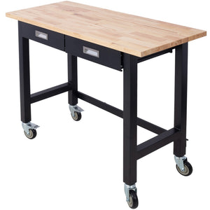 English Elm 48in Rolling Workbench Solid Wood Top Steel Frame Two Drawers Garage Workshop W46560406
