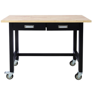 English Elm 48in Rolling Workbench Solid Wood Top Steel Frame Two Drawers Garage Workshop W46560406