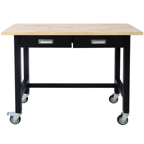 English Elm 48in Rolling Workbench Solid Wood Top Steel Frame Two Drawers Garage Workshop W46560406