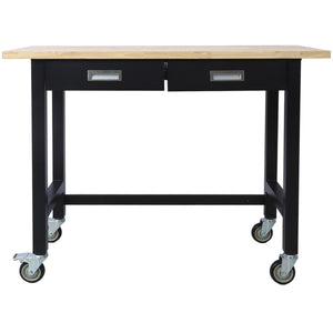 English Elm 48in Rolling Workbench Solid Wood Top Steel Frame Two Drawers Garage Workshop W46560406