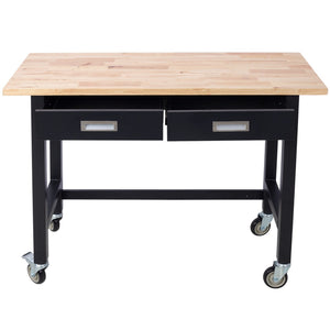 English Elm 48in Rolling Workbench Solid Wood Top Steel Frame Two Drawers Garage Workshop W46560406