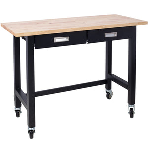 English Elm 48in Rolling Workbench Solid Wood Top Steel Frame Two Drawers Garage Workshop W46560406