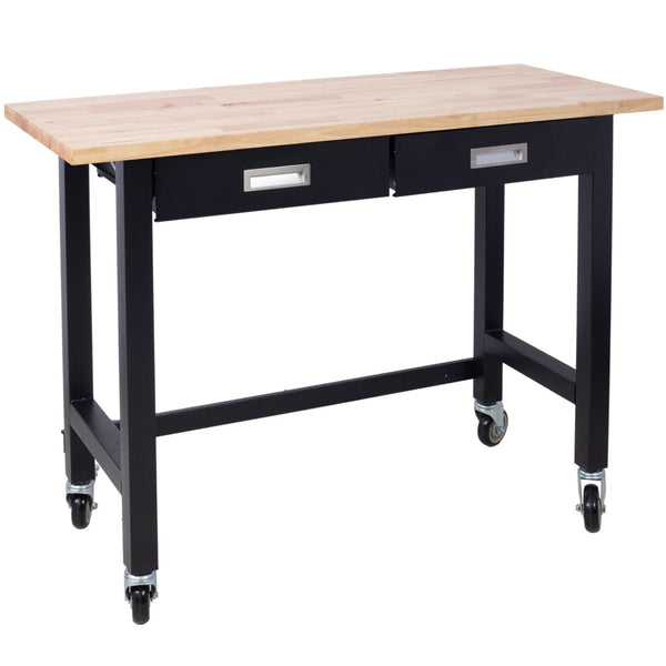 English Elm 48in Rolling Workbench Solid Wood Top Steel Frame Two Drawers Garage Workshop W46560406
