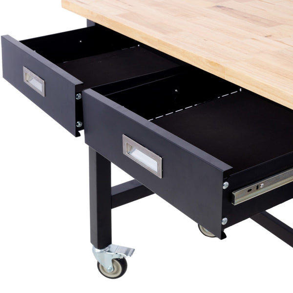 English Elm 48in Rolling Workbench Solid Wood Top Steel Frame Two Drawers Garage Workshop W46560406