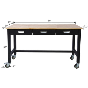 English Elm 60in Rolling Garage Workbench with Steel Frame Drawers and Scratch Resistant Wood Top W46560407