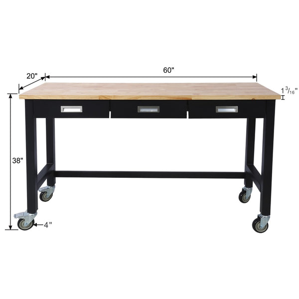 English Elm 60in Rolling Garage Workbench with Steel Frame Drawers and Scratch Resistant Wood Top W46560407