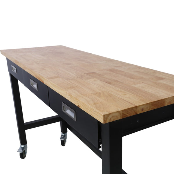 English Elm 60in Rolling Garage Workbench with Steel Frame Drawers and Scratch Resistant Wood Top W46560407
