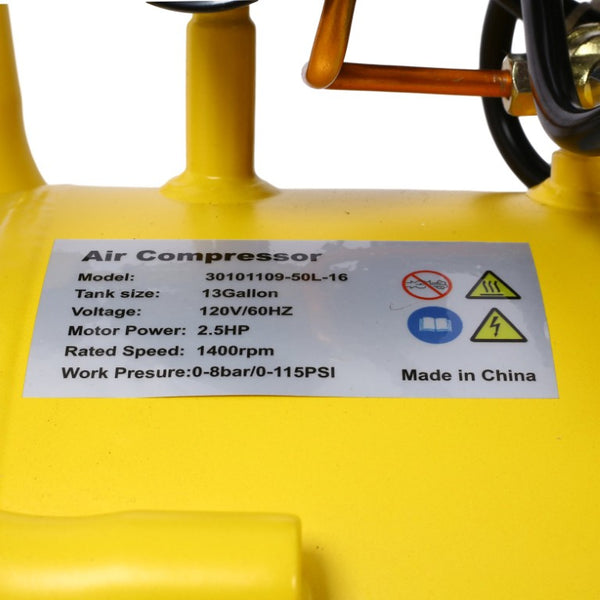 English Elm 2.5 HP Oil-Free Silent Air Compressor 13 Gallon Portable Shop Tool with Auto Drain Yellow W46564406