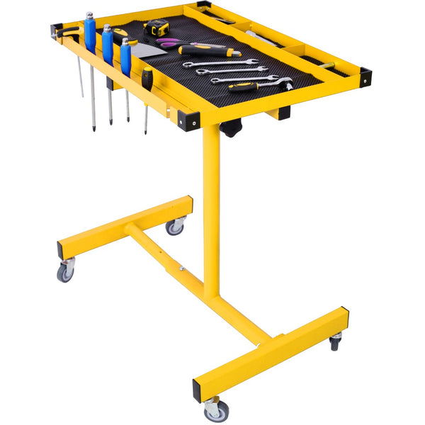English Elm Adjustable Steel Work Table with Drawer Swivel Casters and Protective Surface Liner W46565406