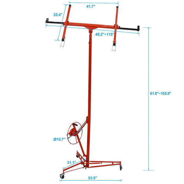 English Elm Drywall Lift Panel Hoist with Telescoping Arm Winch Brake and 150 Lb Steel Frame Red W46577210