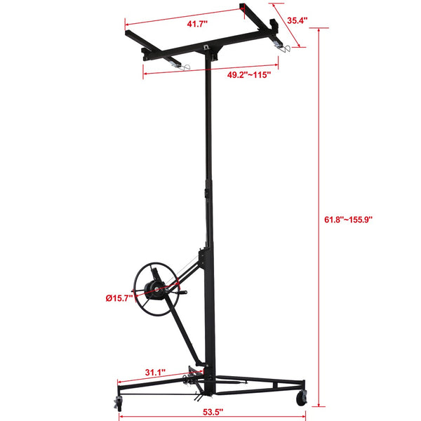 English Elm Drywall Lift Panel Hoist with Telescoping Arm Winch Brake and 150 Lb Steel Frame Black W46577217