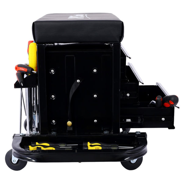 English Elm 350-pound Capacity Rolling Garage Seat with Vinyl Cushion and Onboard Tool Storage W46577501