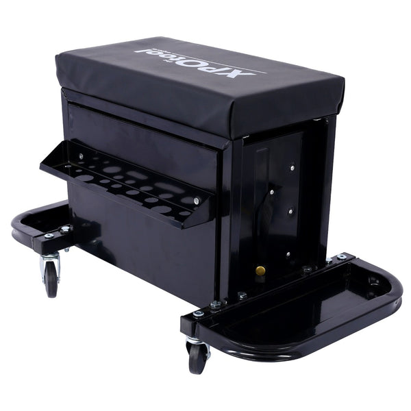 English Elm 350-pound Capacity Rolling Garage Seat with Vinyl Cushion and Onboard Tool Storage W46577501