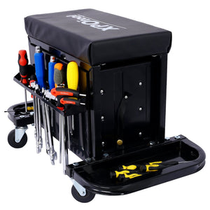 English Elm 350-pound Capacity Rolling Garage Seat with Vinyl Cushion and Onboard Tool Storage W46577501