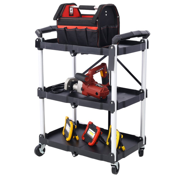 English Elm 3 Tier Folding Rolling Utility Cart with Locking Shelves and 150 Lb Total Capacity W46578737