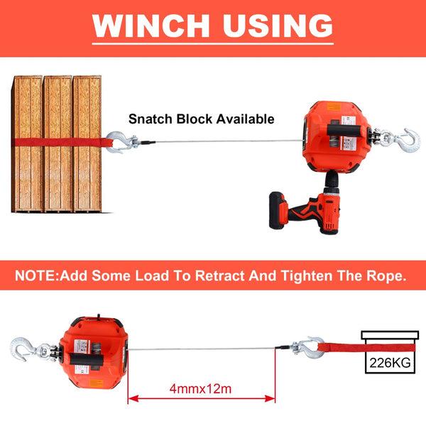 English Elm Drill Powered Portable Winch Hoist 750 Lb Capacity with 40 Ft Steel Wire Rope W46590007