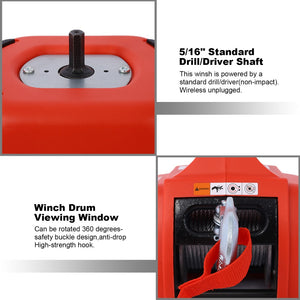 English Elm Drill Powered Portable Winch Hoist 750 Lb Capacity with 40 Ft Steel Wire Rope W46590007
