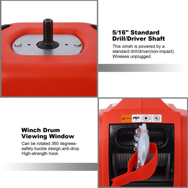English Elm Drill Powered Portable Winch Hoist 750 Lb Capacity with 40 Ft Steel Wire Rope W46590007