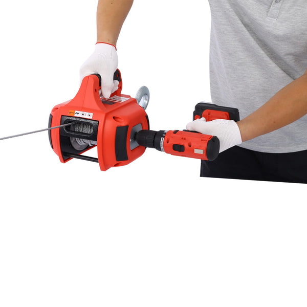English Elm Drill Powered Portable Winch Hoist 750 Lb Capacity with 40 Ft Steel Wire Rope W46590007
