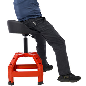 English Elm Pneumatic Mechanic Rolling Stool with Swivel Seat Wire Shelf and Heavy Gauge Steel Frame Red W46590156