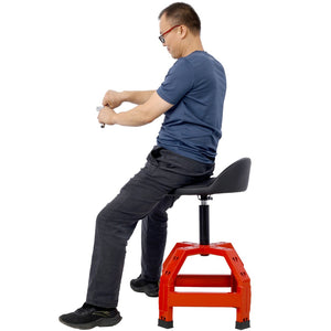 English Elm Pneumatic Mechanic Rolling Stool with Swivel Seat Wire Shelf and Heavy Gauge Steel Frame Red W46590156