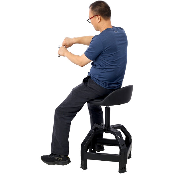 English Elm Pneumatic Mechanic Rolling Stool with Swivel Seat Wire Shelf and Heavy Gauge Steel Frame Black W46590157