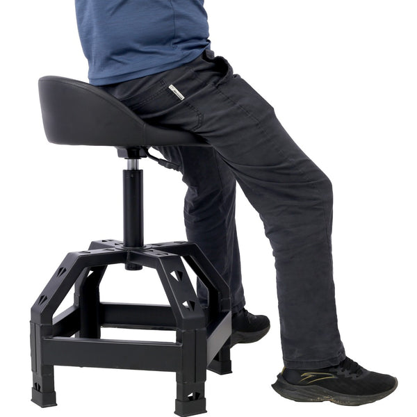 English Elm Pneumatic Mechanic Rolling Stool with Swivel Seat Wire Shelf and Heavy Gauge Steel Frame Black W46590157