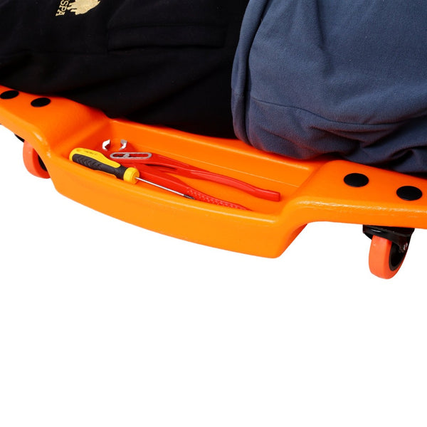 English Elm Plastic Mechanic Creeper Blow Molded Hdpe Body Padded Headrest Dual Tool Trays 440 Lb Orange W465P144539